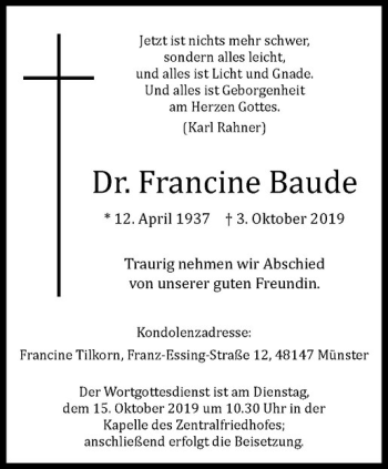 Anzeige von Francine Baude von Westfälische Nachrichten