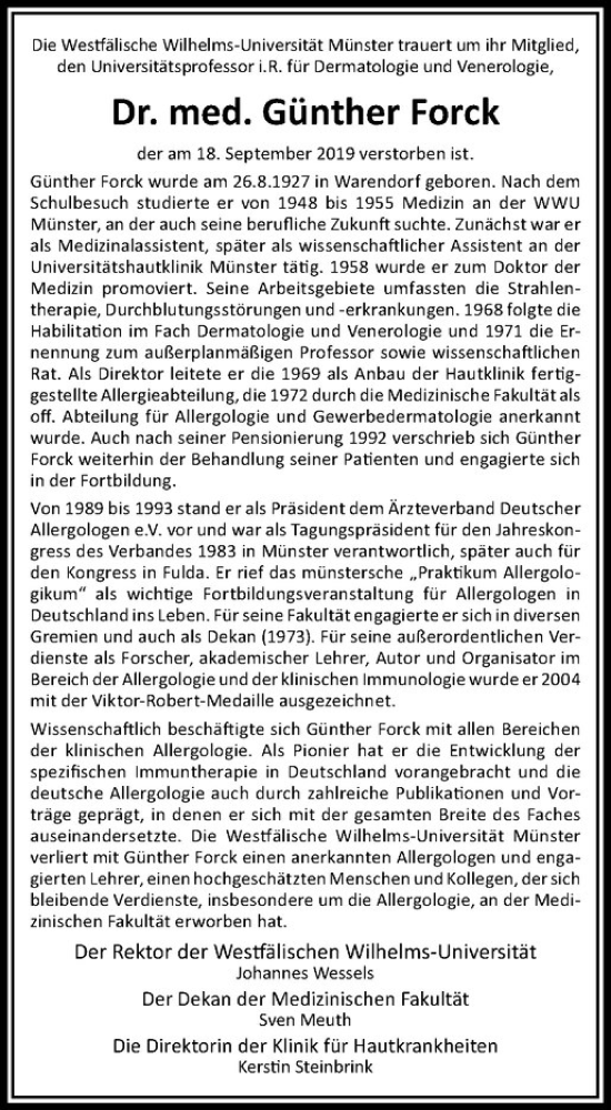  Traueranzeige für Günther Forck vom 19.10.2019 aus Westfälische Nachrichten