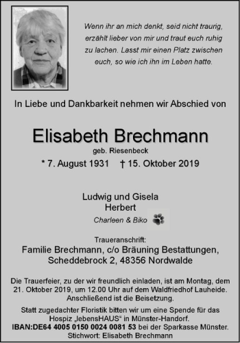 Anzeige von Elisabeth Brechmann von Westfälische Nachrichten