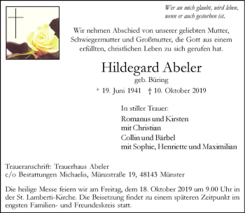 Anzeige von Hildegard Abeler von Westfälische Nachrichten