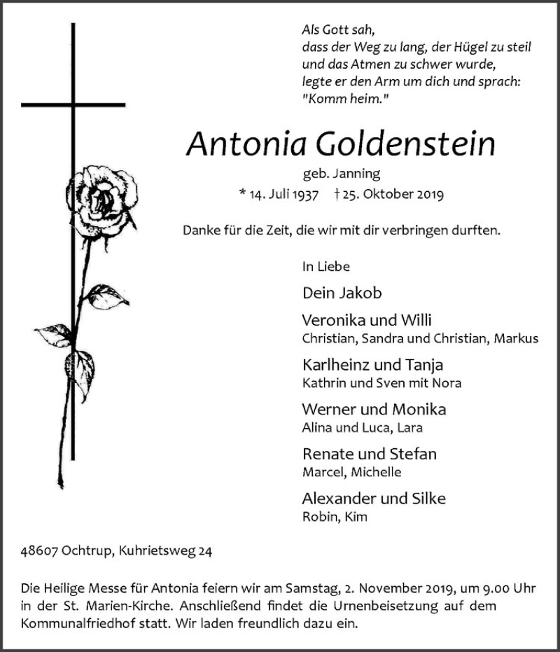  Traueranzeige für Antonia Goldenstein vom 28.10.2019 aus Westfälische Nachrichten