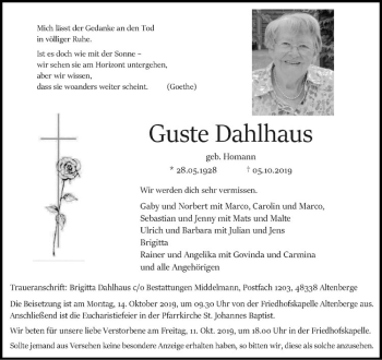 Anzeige von Guste Dahlhaus von Westfälische Nachrichten