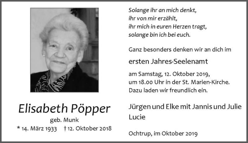  Traueranzeige für Elisabeth Pöpper vom 09.10.2019 aus Westfälische Nachrichten