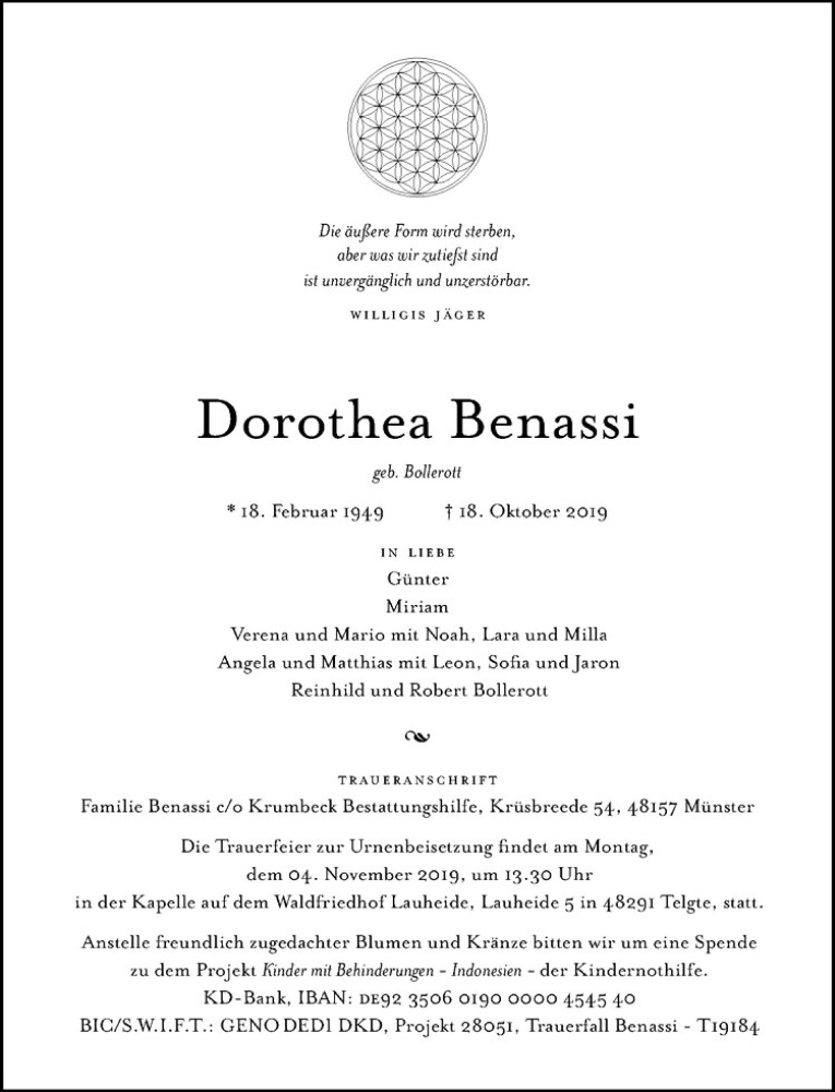  Traueranzeige für Dorothea Benassi vom 26.10.2019 aus Westfälische Nachrichten