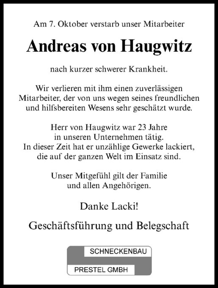  Traueranzeige für Andreas von Haugwitz vom 12.10.2019 aus Westfälische Nachrichten