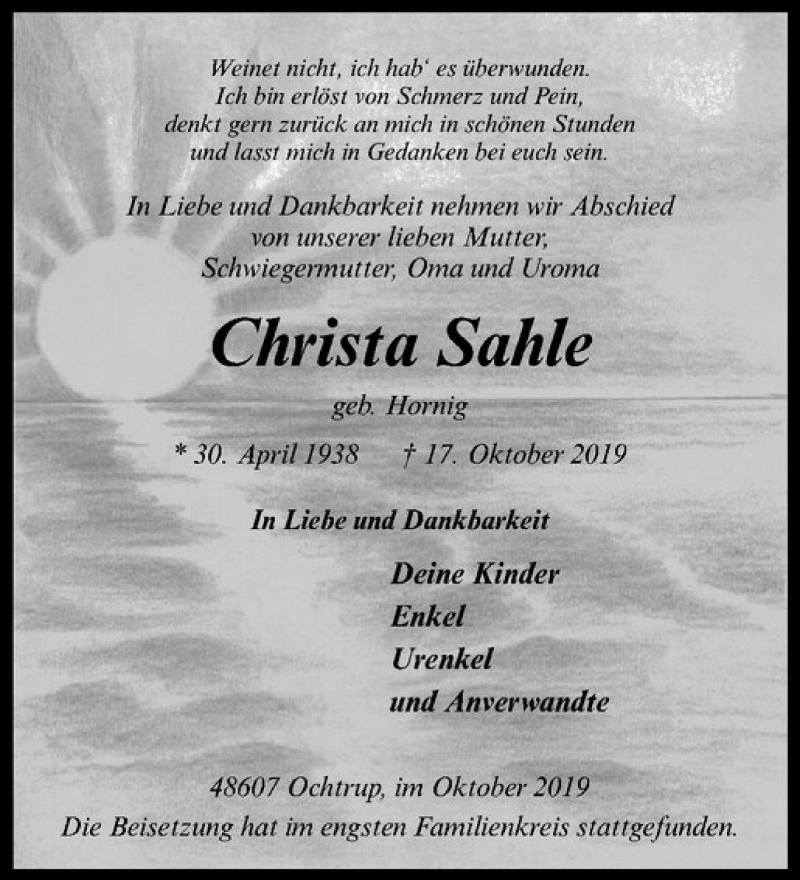 Traueranzeige für Christa Sahle vom 26.10.2019 aus Westfälische Nachrichten