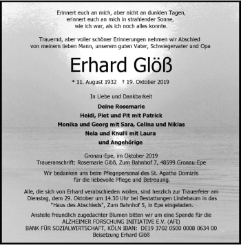 Anzeige von Erhard Glöß von Westfälische Nachrichten