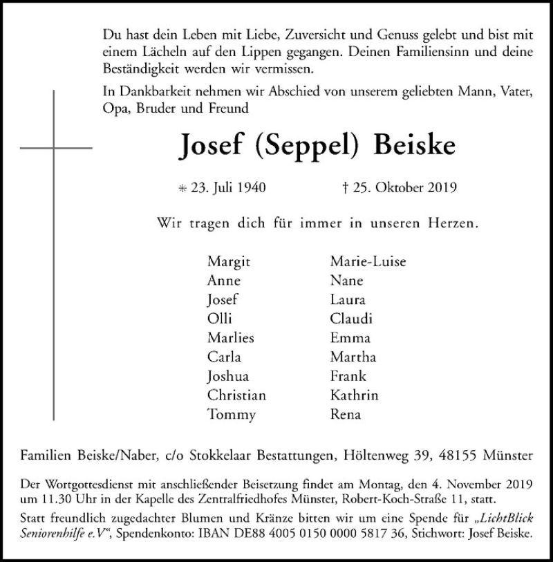  Traueranzeige für Josef Beiske vom 30.10.2019 aus Westfälische Nachrichten