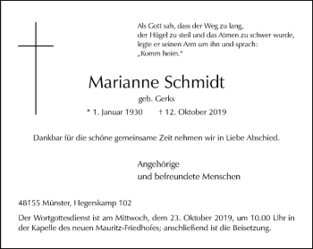 Anzeige von Marianne Schmidt von Westfälische Nachrichten