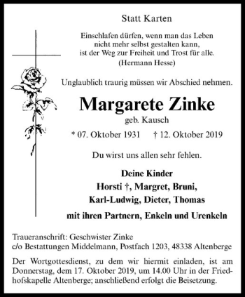 Anzeige von Margarete Zink von Westfälische Nachrichten