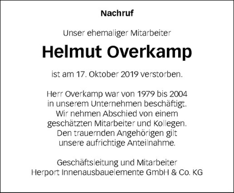  Traueranzeige für Helmut Overkamp vom 23.10.2019 aus Westfälische Nachrichten