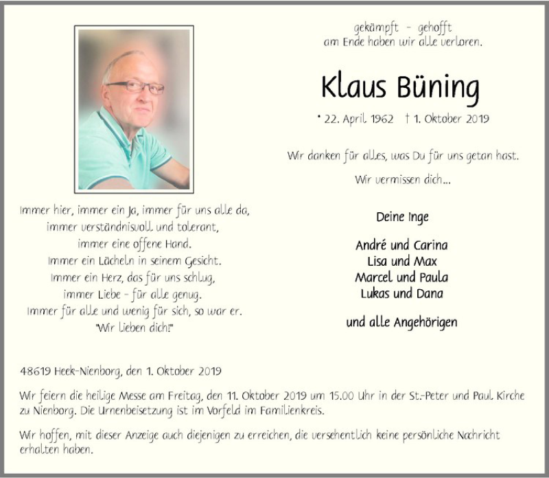  Traueranzeige für Klaus Büning vom 05.10.2019 aus Westfälische Nachrichten