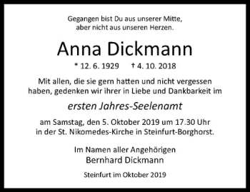 Anzeige von Anna Dickmann von Westfälische Nachrichten