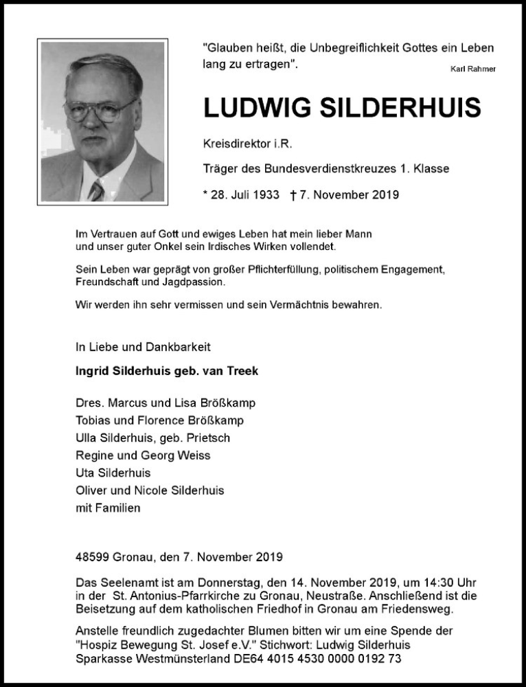  Traueranzeige für Ludwig Silderhuis vom 11.11.2019 aus Westfälische Nachrichten