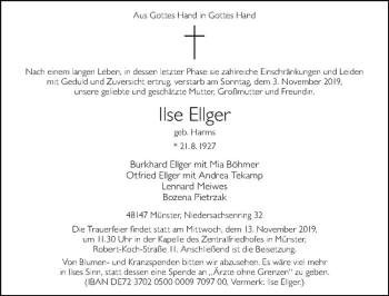 Anzeige von Ilse Ellger von Westfälische Nachrichten