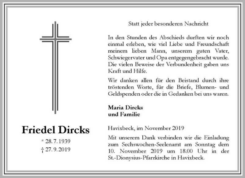  Traueranzeige für Friedel Dircks vom 02.11.2019 aus Westfälische Nachrichten