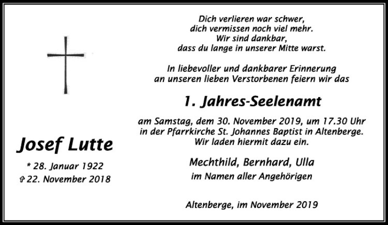  Traueranzeige für Josef Lutte vom 27.11.2019 aus Westfälische Nachrichten
