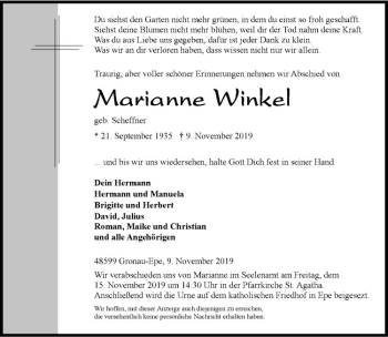 Anzeige von Marianne Winkel von Westfälische Nachrichten