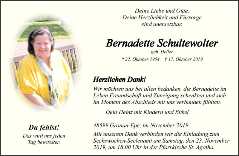  Traueranzeige für Bernadette Schultewolter vom 16.11.2019 aus Westfälische Nachrichten
