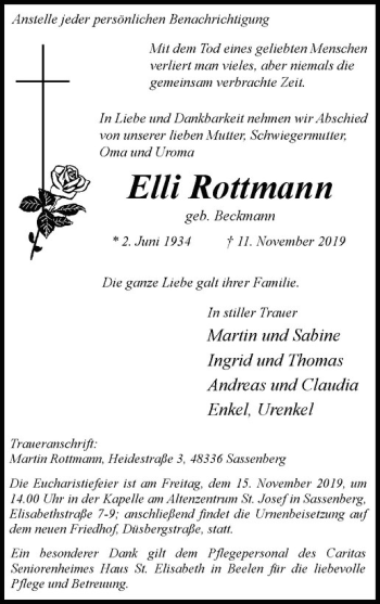 Anzeige von Elli Rottmann von Westfälische Nachrichten