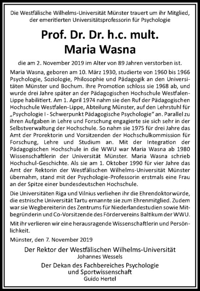  Traueranzeige für Maria Wasna vom 09.11.2019 aus Westfälische Nachrichten