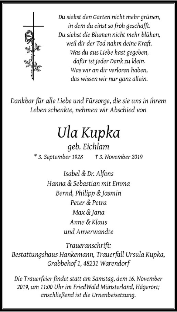  Traueranzeige für Ula Kupka vom 08.11.2019 aus Westfälische Nachrichten