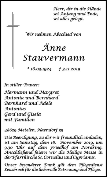 Anzeige von Änne Stauvermann von Westfälische Nachrichten