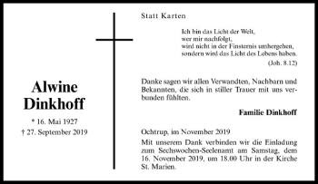 Anzeige von Alwine Dinkhoff von Westfälische Nachrichten