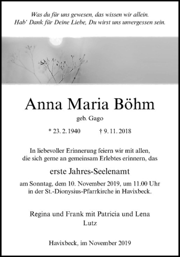 Anzeige von Anna Maria Böhm von Westfälische Nachrichten