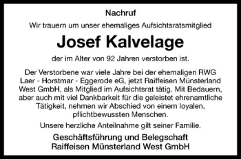 Anzeige von Josef Kalvelage von Westfälische Nachrichten