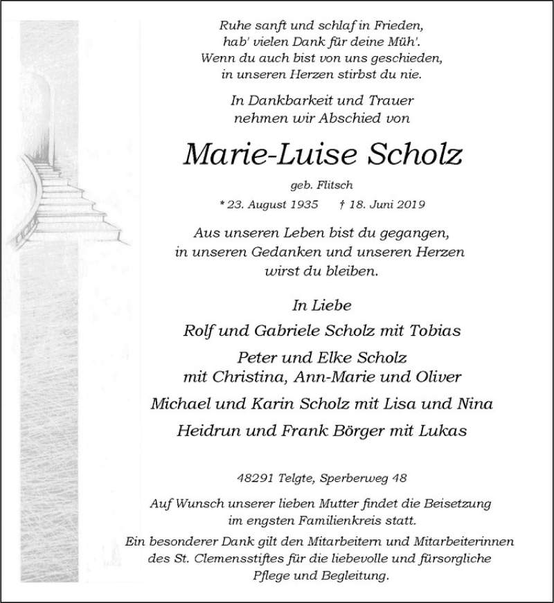  Traueranzeige für Marie-Luise Scholz vom 21.06.2019 aus Westfälische Nachrichten