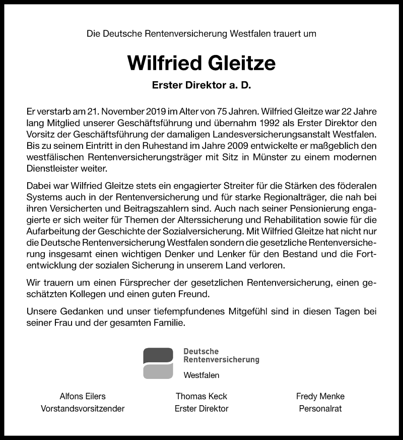  Traueranzeige für Wilfried Gleitze vom 28.11.2019 aus 