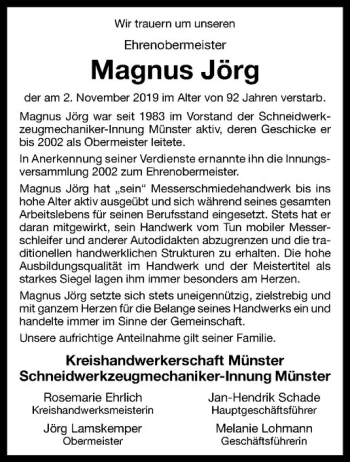 Anzeige von Magnus Jörg von Westfälische Nachrichten