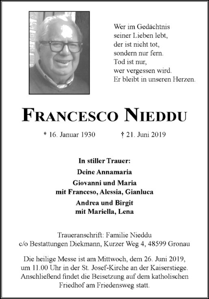  Traueranzeige für Francesco Nieddu vom 21.06.2019 aus Westfälische Nachrichten
