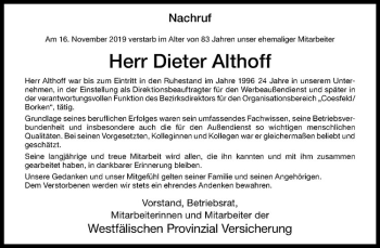Anzeige von Dieter Althoff von Westfälische Nachrichten