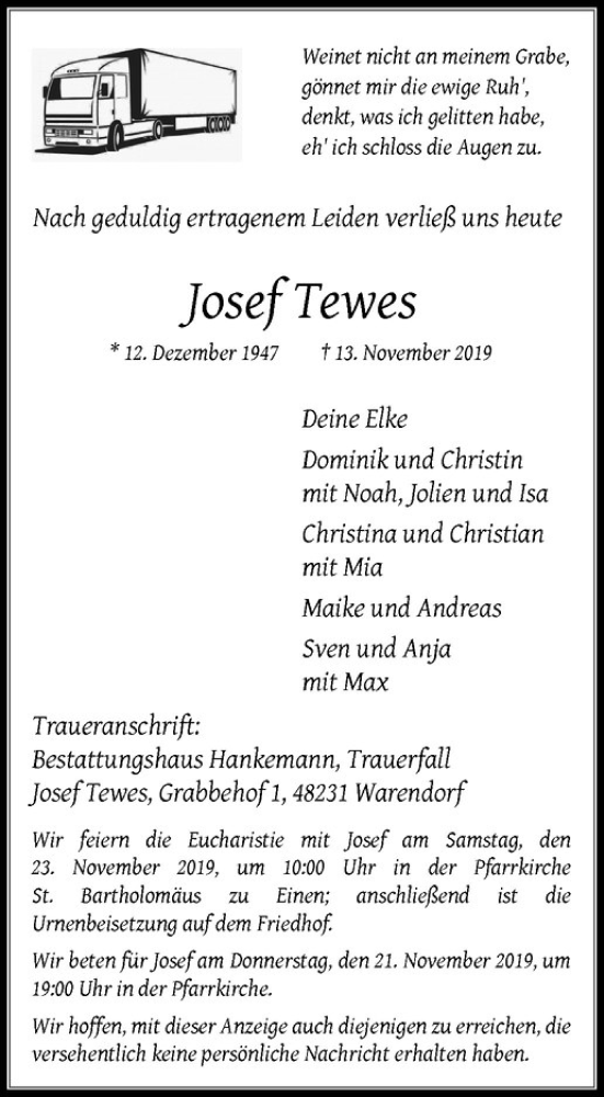  Traueranzeige für Josef Tewes vom 16.11.2019 aus Westfälische Nachrichten