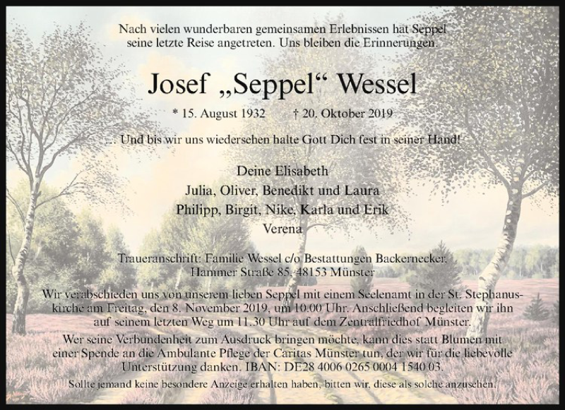  Traueranzeige für Josef Wessel vom 02.11.2019 aus Westfälische Nachrichten