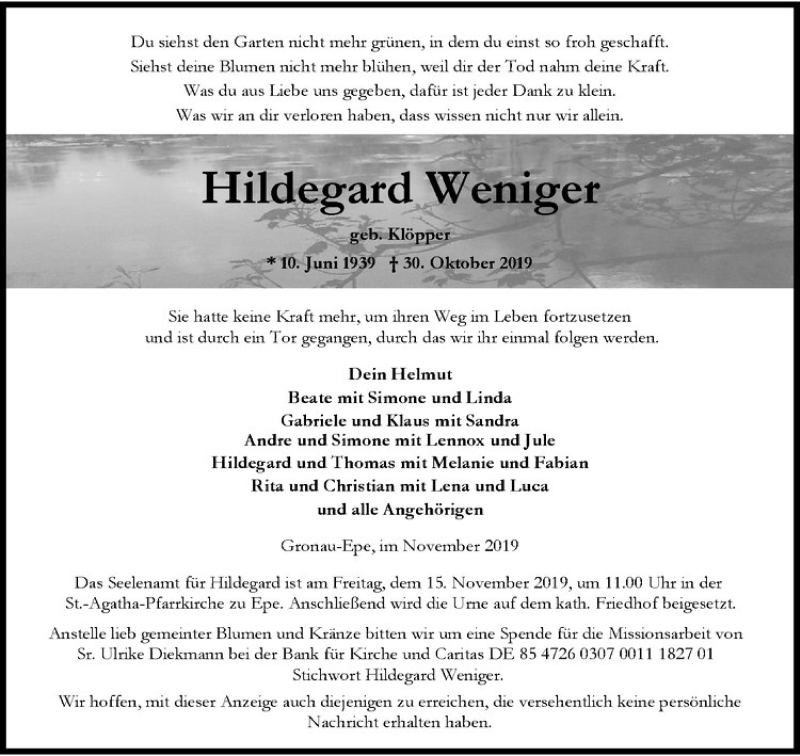  Traueranzeige für Hildegard Weniger vom 09.11.2019 aus Westfälische Nachrichten
