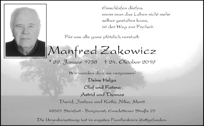  Traueranzeige für Manfred Zakowicz vom 09.11.2019 aus Westfälische Nachrichten