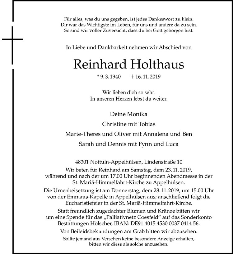  Traueranzeige für Reinhard Holthaus vom 21.11.2019 aus Westfälische Nachrichten