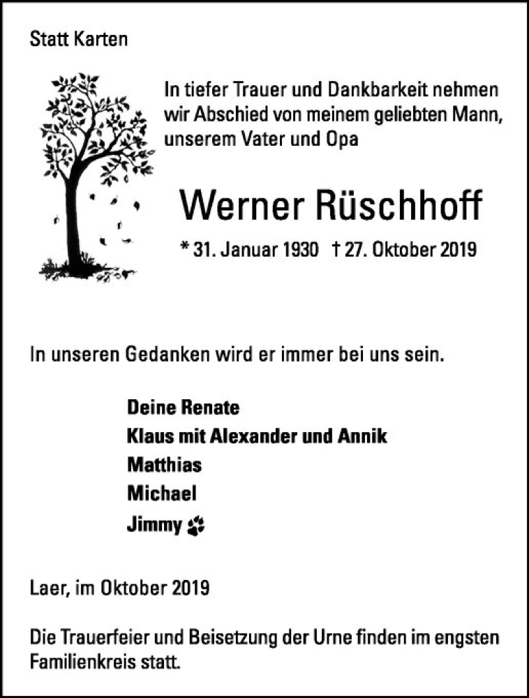  Traueranzeige für Werner Rüschhoff vom 02.11.2019 aus Westfälische Nachrichten