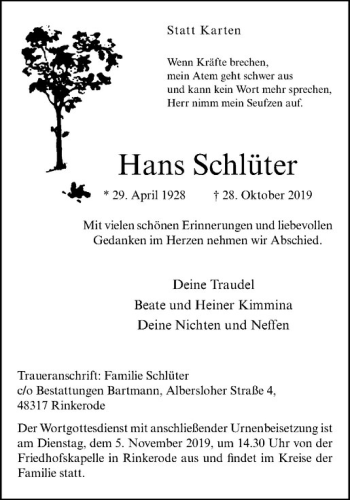 Anzeige von Hans Schlüter von Westfälische Nachrichten