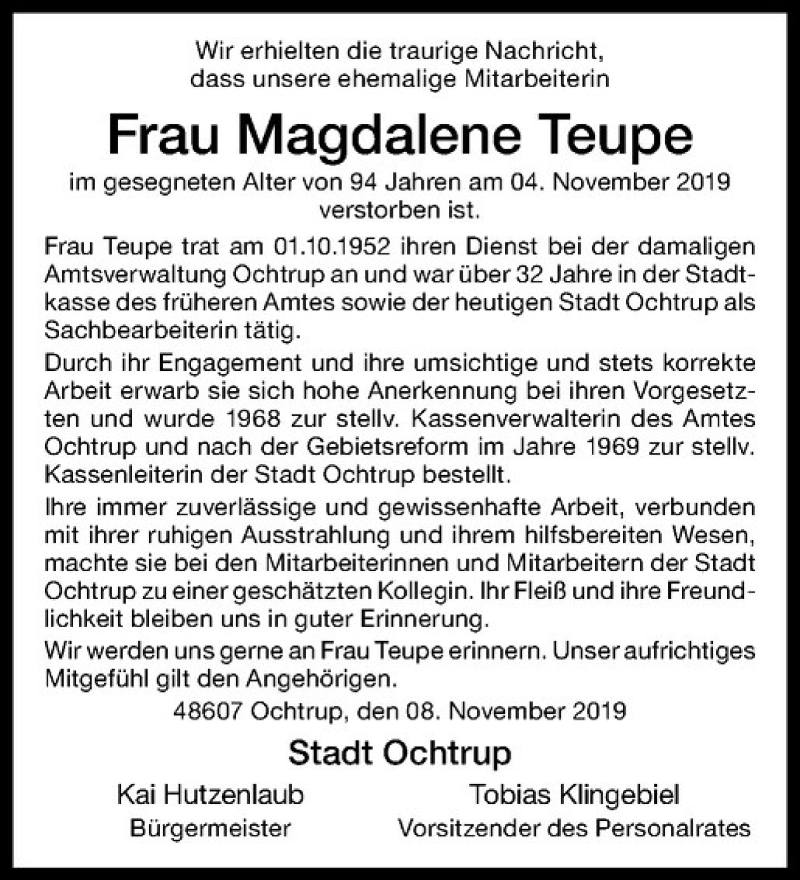  Traueranzeige für Magdalene Teupe vom 08.11.2019 aus Westfälische Nachrichten