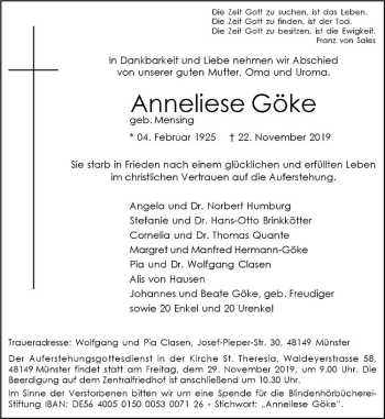 Anzeige von Anneliese Göke von Westfälische Nachrichten