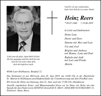 Anzeige von Heinz Reers von Westfälische Nachrichten
