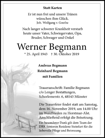 Anzeige von Werner Begmann von Westfälische Nachrichten
