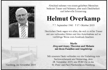 Anzeige von Helmut Overkamp von Westfälische Nachrichten