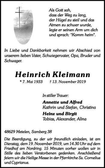 Anzeige von Heinrich Kleimann von Westfälische Nachrichten