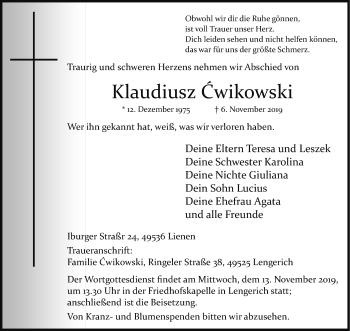 Anzeige von Klaudiusz Cwikowski 