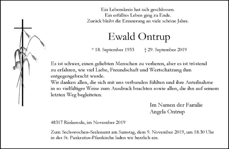  Traueranzeige für Ewald Ondrup vom 02.11.2019 aus Westfälische Nachrichten
